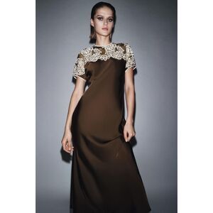 Zara ZW Satin Lace Midi Dress Brown Size S Limited Edition